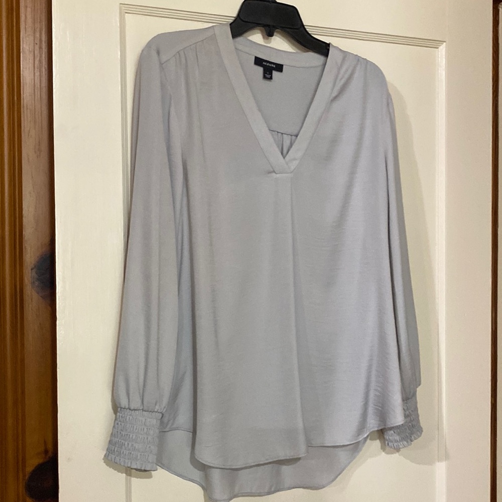 Pretty light gray blouse smocked cuff sleeves